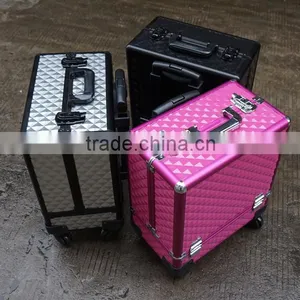 Professional Rolling Cosmetic Case w/ 8 Trays Black/Silver/Pink Diamond Aluminum(XY-877) thumbnail-4