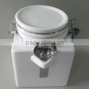 Plain White Ceramic Square Shape Storage Jar With Handle and Spoon thumbnail-2