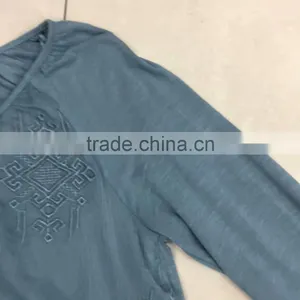 Women Long Sleeve Embroidery Slub Cotton T-shirt thumbnail-2