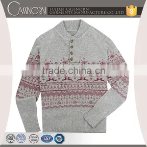 OEM Sweater Supplier Lambswool Blend 4 Button Mock Neck Mens Jacquard Sweater thumbnail-2