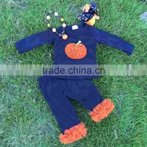 Girls Boutique Halloween Outfits Kids Ruffle Pants Sets Girls Halloween Clothes Necklace and Headband thumbnail-1