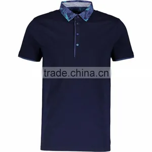 Male's Navy Pure Cotton Slim Fitted Polo Shirt With Patterned Collar thumbnail-1