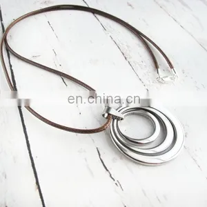 Leather Concentric Rings Necklace Christmas Gift For Mom-Bohemian Stainless Steel Necklace thumbnail-1