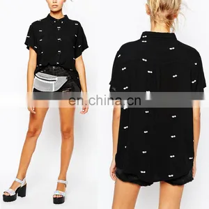 Simple Chiffon Printed Short Sleeve New Design Fashion Summer Blouse thumbnail-1