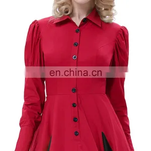 Belle Poque Victorian Style Long Sleeve Shirt Collar Contrast Color Red Retro Vintage Swing Dress BP000366-2 thumbnail-5
