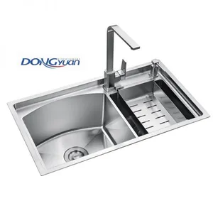 Guangdong Dongyuan Kitchenware 800×450×210mm Brushed Stainless Steel Double Bowl D Shape Handmade Kitchen Sink (DY-HA483L-8045-R10) thumbnail-1