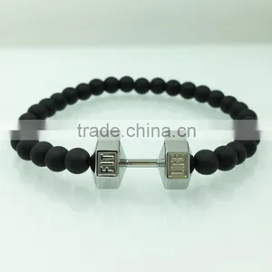 6mm Glass Bead Stretch Bracelet With Charm Fit Life Dumbbell Bracelet thumbnail-2