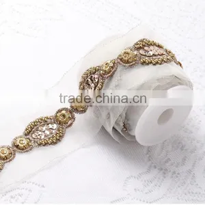 Gold Color Beaded and Sequin Lace Trimming For Dress Wholesale thumbnail-2