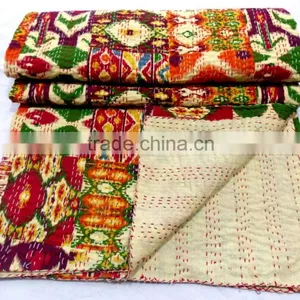 Patola Print Kantha Quilt Blanket Bedspread Reversible Throw Gudri Ralli Bohemian Quilt Blanket, Saree Patchwork thumbnail-1