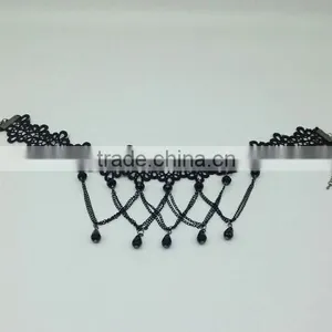Women Gothic Black Beads Drop Lace Choker Collar Retro Chain Tassel Necklace thumbnail-4