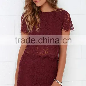 2016 Women Casual Burgundy Lace Dress Two Piece Set Dresses thumbnail-6