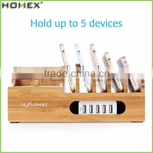 Bamboo Charger Station Hold 5 Devices Phone/Desktop Charging Station Organizer/Homex_FSC/BSCI Factory thumbnail-1