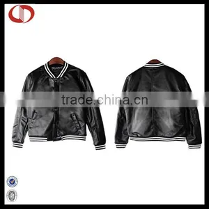 Black Blank Men's Baseball Jackets With Leather thumbnail-1