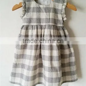 Grey/Cream Check Linen Dress Light Weight Linen Blend Summer Kids Party Dresses thumbnail-4