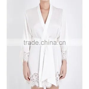Customize Ladies Luxury Silk Satin Knee Length Robe, Sexy Lace Trim Long Sleeve Kimono Robe, thumbnail-1