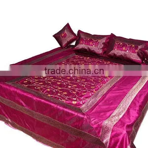 Indian Embroidered Silk Bedspread Bed Sheet With Pillow Covers thumbnail-1