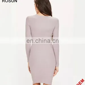 ROSUN China Factory OEM Cut Out V Neck Ribbed Midi Sweater Dress thumbnail-5