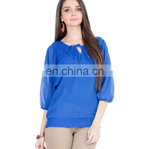 2015 Blue Top With Smocking And Tie-up Women Blue Floral Print Tie-up Top thumbnail-1