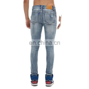 DiZNEW Medium Blue Wash Destroyed Denim Jeans Online Wholesale High Quality Mens Cut Jeans thumbnail-4