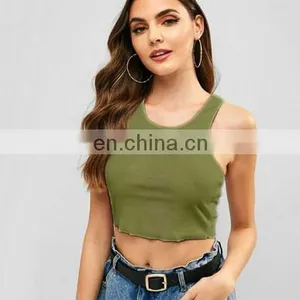 Wholesale Ladies Blank Rib Merrow Edge Sexy Women's Summer U Neck Basic Cotton Crop Top thumbnail-1
