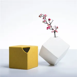 Modern Abstract Jingdezhen Cube Frosted Yellow Blue Green White Ceramic Vase Decoration thumbnail-4