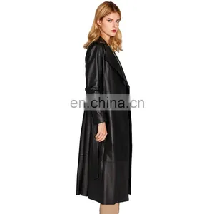 Women Long Body Lambskin Black Full Body Trench Leather Coat thumbnail-3