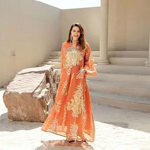 Women Muslim Applique Embroidery Long Sleeve Maxi Dress Loose Full Cover Islamic Dubai Robe Kaftan Abayas thumbnail-1