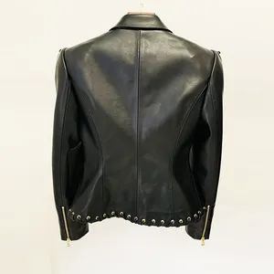 Fashion New Arrival V-neck Corns Metal Leather Jacket Tight Black Zipper Short Women's Clothing thumbnail-4