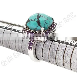 Turquoise Cushion & Amethyst Round Gemstone Ring,sterling Silver 925 Rings Wholesale Jewelry thumbnail-5