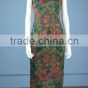 Printed Silk Sation Sleeveless Fashion Cheongsam / Qipao With Hand Made Traditional Chinese Knots QP0009 thumbnail-1