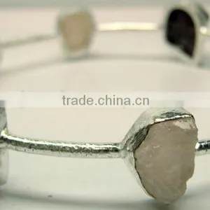 Rough Rose Quartz & Garnet Natural Gemstones 925 Sterling Silver Raw Bangle thumbnail-3