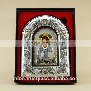 Greek & Russian Orthodox Big Wooden Icon. Christ Pantocrator. Silver Edging thumbnail-1
