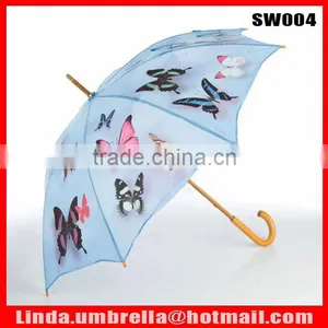 [SW004] Wooden Shaft&handle Straight Umbrella,with Butterfly Design thumbnail-1