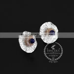 925 Sterling Solid Silver Lotus Leaf Lapis Lazuli Earring Stud Fashion Women Earring DIY Jewelry 6730609 thumbnail-1