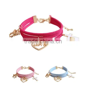 Gold Love Heart Cross Horse Feather Charms Sude Leather Bracelet Multi Layer Velvet Leather Bracelet thumbnail-1