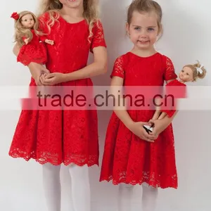Doll And Me Red Christmas Dress Girls Lace Short Sleeve Dress thumbnail-2