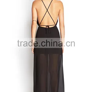 Hot Selling Women Spaghetti Strap Chiffon Evening Dress Plain Black Chiffon Evening Dress Backless Chiffon Evening Dress thumbnail-4