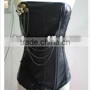 New Sexy Lace Up Black Women Corset Top Bustier Faux Leather Zipper thumbnail-1