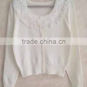 Pure Color Long Sleeve Teenager Knitting Wear White Lace Falbala Neckline Sweater Cardigan thumbnail-1