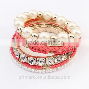Multilayer Pearl Glass Rhinestone Beaded Twist Leather Bracelet& Bangle Jewelry thumbnail-3