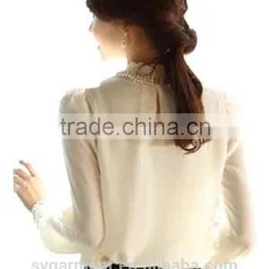 New Women Long Sleeve Render Unlined Upper Garment Sheer Lace Floral Chiffon Blouse White Pearl Collar Tops thumbnail-2