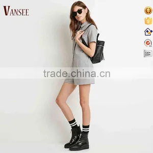 Women's Short Sleeve Double Pocket Tie Solid Grey Casual Jumpsuits thumbnail-1