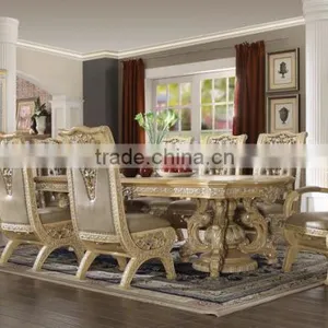 Luxury European Wooden Hand Carved Golden Color Rectangle Dining Table,Leather Upholstery Dining Chair Home Furniture(MOQ=1 SET) thumbnail-1