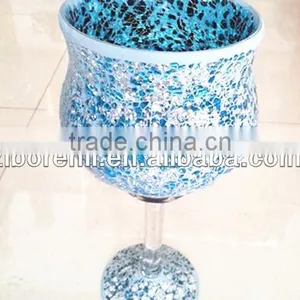 Elegant Style Crackle Mosaic Cheap Goblet Silver Blue Stained Glass Candle Holder thumbnail-1