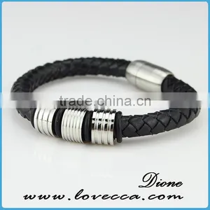 Silver Plated Stainless Steel Charms With Black Leather for Men Magnetic Bracelet thumbnail-4
