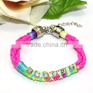 Clear Crystal Chain on Woven Leather Friendship Bracelet Rhinestone Chain Hand Woven in Silk Cord Boho Chic Trendy Bracelet thumbnail-1