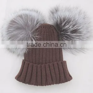 Myfur Brown UK Market Woolen Stripped Knitting Hats With Genuine Silver Fur Pom Poms thumbnail-1