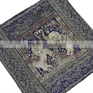 Elephant Accent Pillow - Navy Blue Zari Brocade Sari Sequin Cushion Cover 16" thumbnail-1