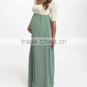 New Arrivals Maternity Dresses With Sage And Ivory Color Block Maternity Scoop Neck Maxi Dress Women Wear WD80817-1 thumbnail-3