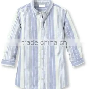 2015 Easy Care Washed Oxford Shirt Three-Quarter-Sleeve Multi-Stripe Elegant Blouses for Ladies thumbnail-4